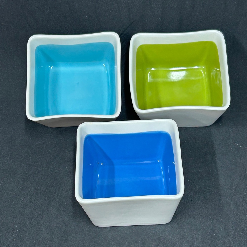 Crate & Barrel Set of 3 Square Ceramic Ramekin Bowls Blue Green White 4in